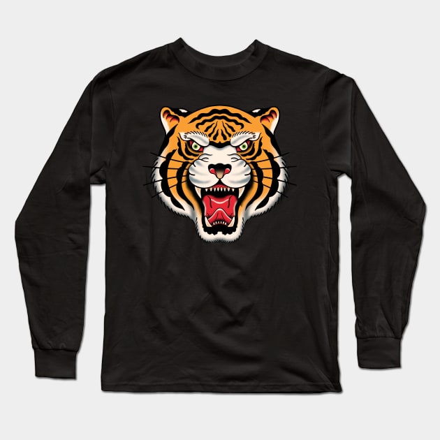 Bengal Tiger Head Traditional Tattoo Long Sleeve T-Shirt by Trippycollage